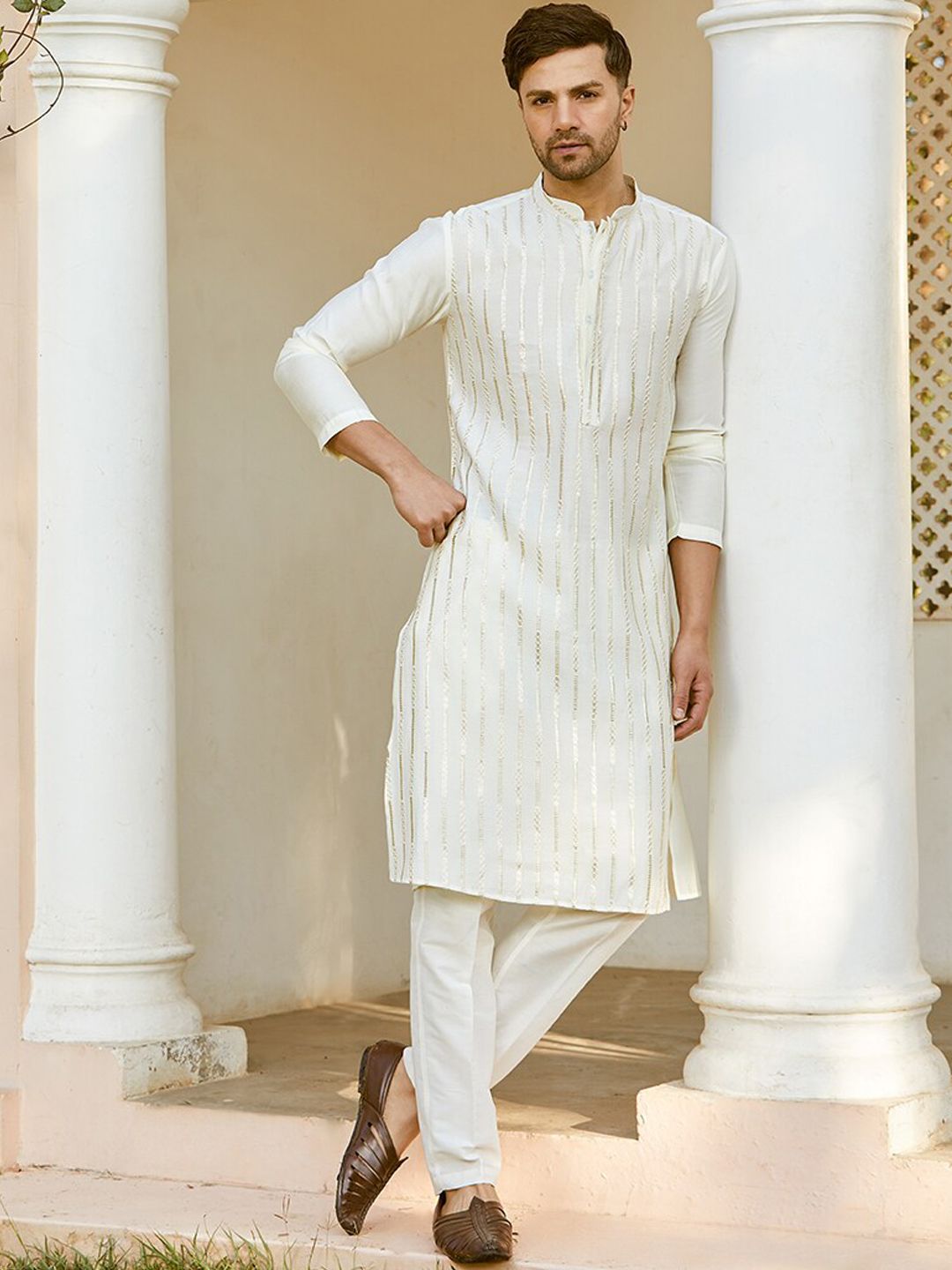 See Designs Striped Embroidered Sequined Straight Kurta