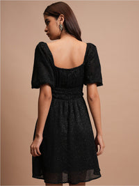 Tokyo Talkies Black Self Design A-Line Dress
