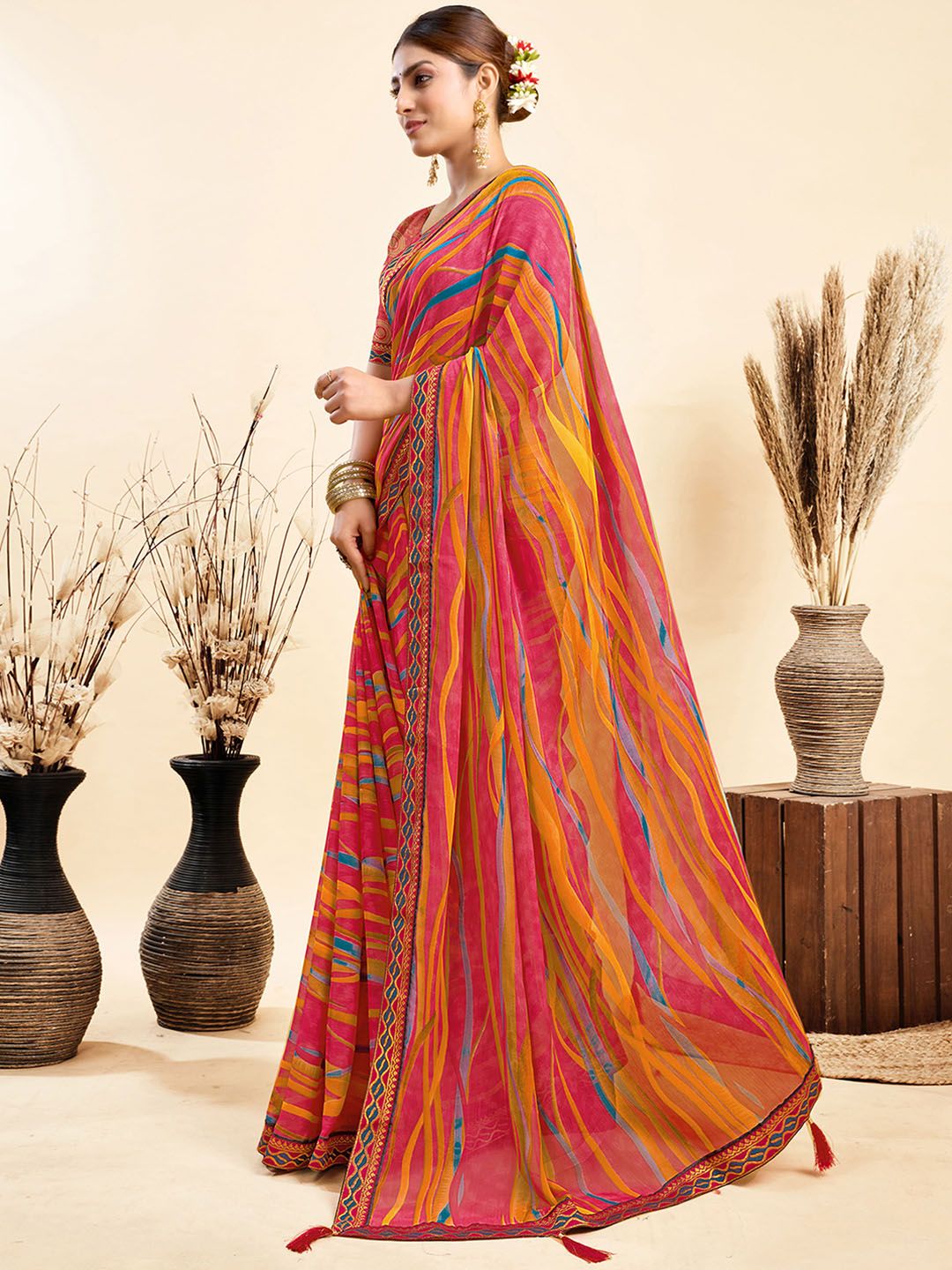 KALINI Leheriya Dyed Pure Chiffon Saree