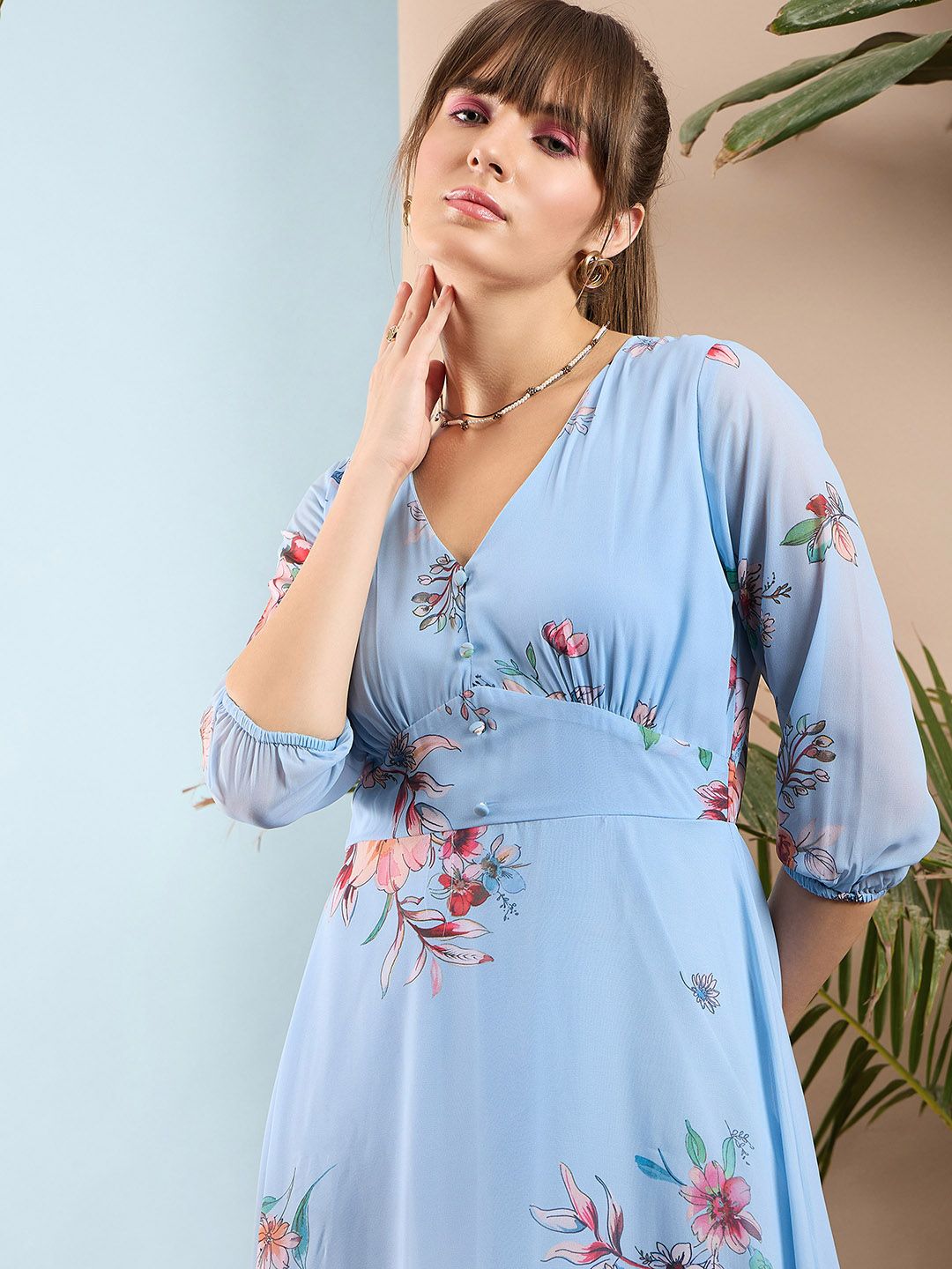 SASSAFRAS Blue & Peach-Coloured Floral Printed Maxi Dress
