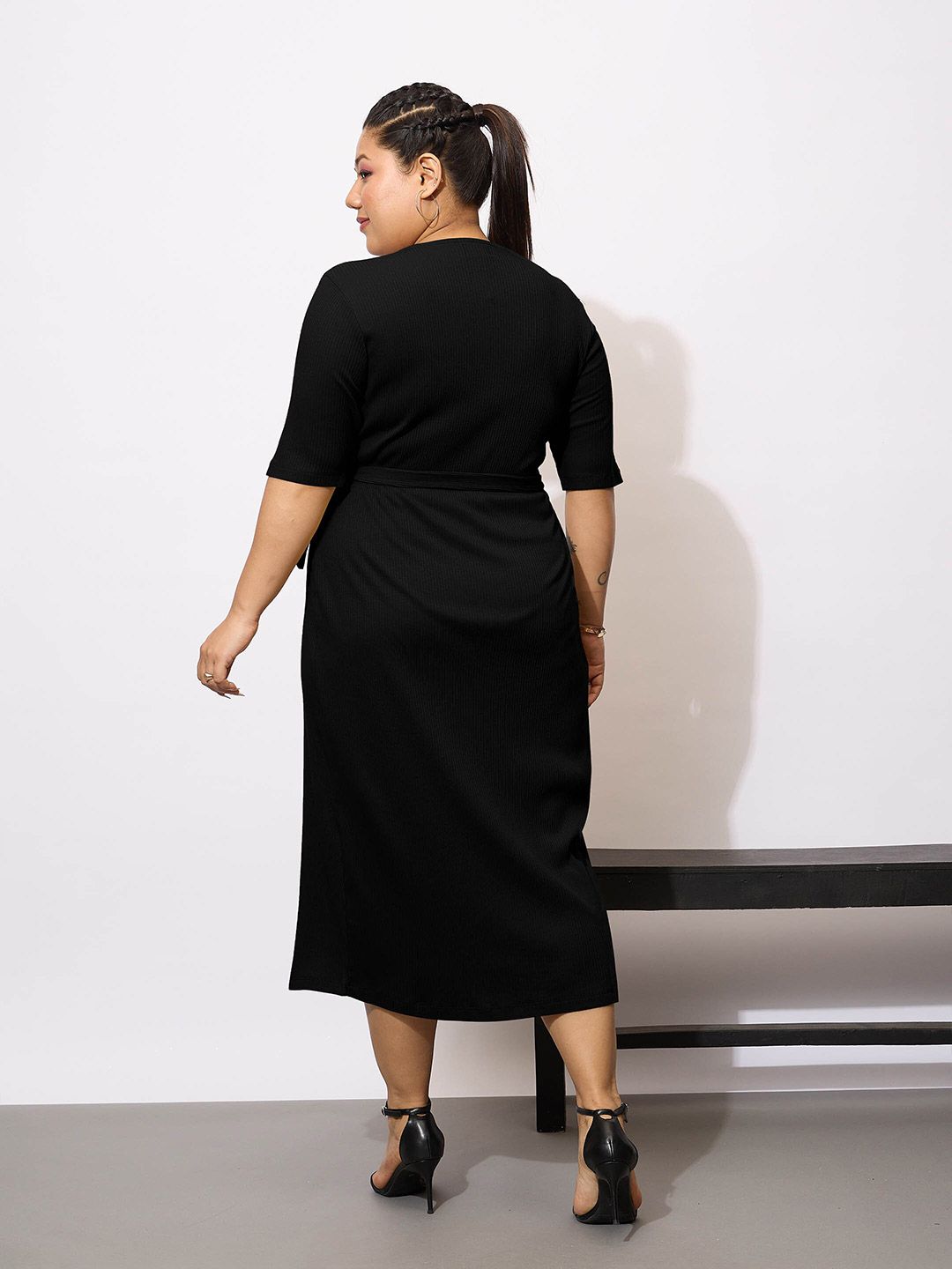 SASSAFRAS Curve Plus Size Wrap Bodycon Midi Dress