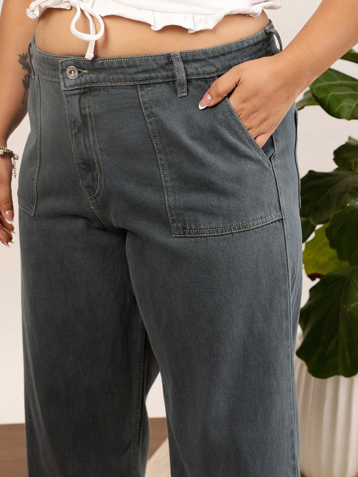 CURVY STREET Women Plus Size Grey Mid-Rise Clean Look Pure Cotton Wide Leg Jeans