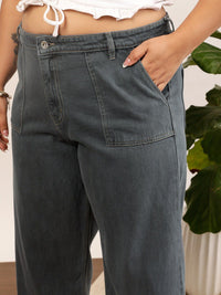 CURVY STREET Women Plus Size Grey Mid-Rise Clean Look Pure Cotton Wide Leg Jeans