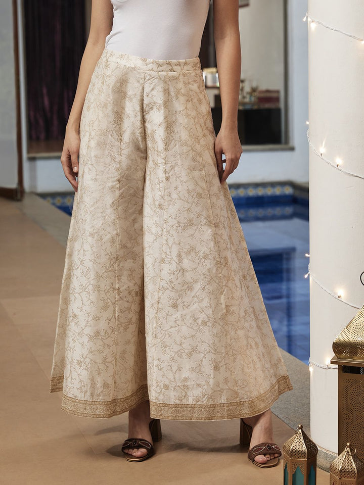 Global Desi Women White & Gold-Toned Floral Printed Flared Trousers