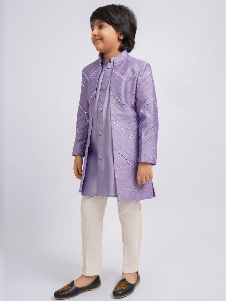 VASTRAMAY Boys Mirror Work Sherwani Over Kurta Pyjama