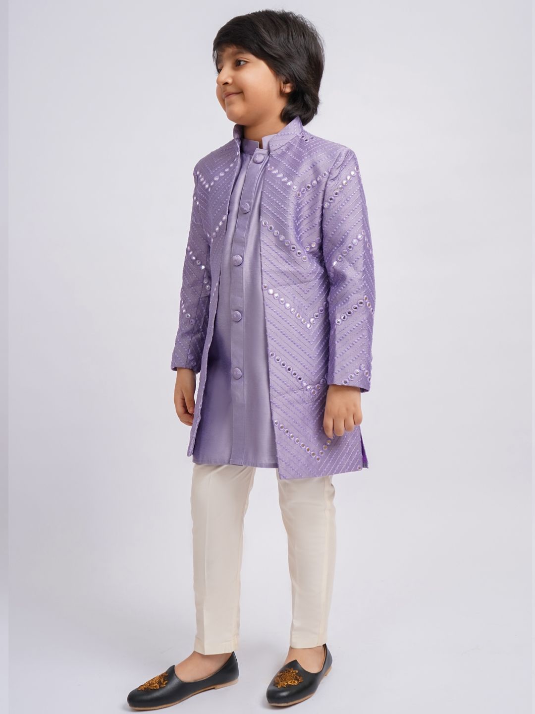 VASTRAMAY Boys Mirror Work Sherwani Over Kurta Pyjama