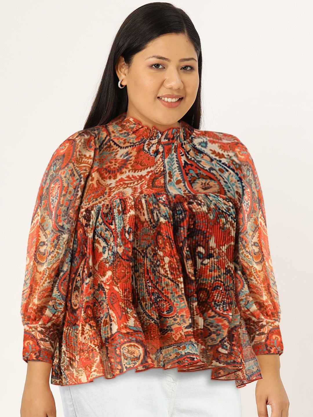 Antheaa Women Rust & Navy Blue Ethnic Motif Print Chiffon Cuffed Sleeves Top