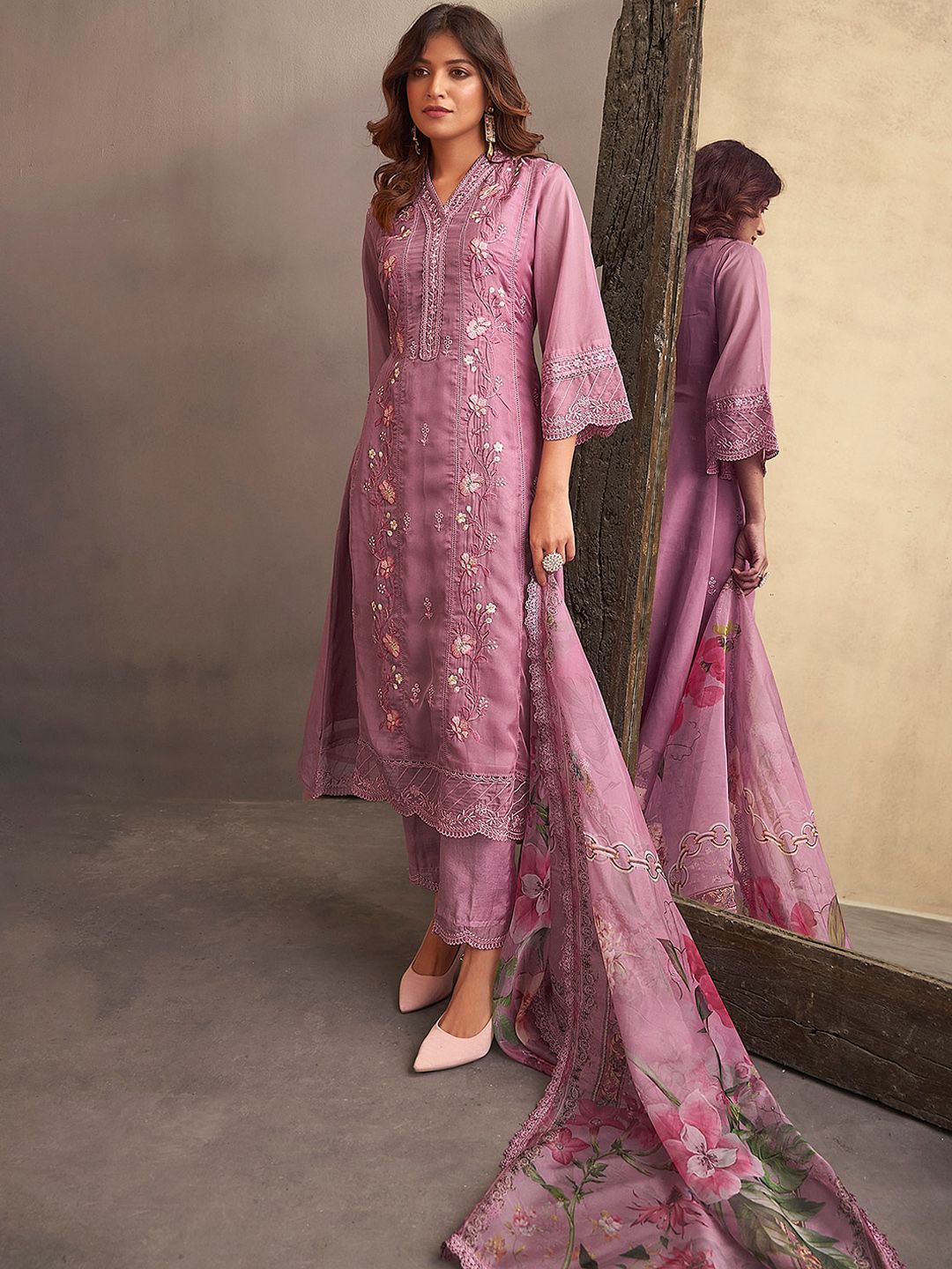 Indo Era Floral Embroidered Regular Thread Work Kurta With Trousers & Dupatta