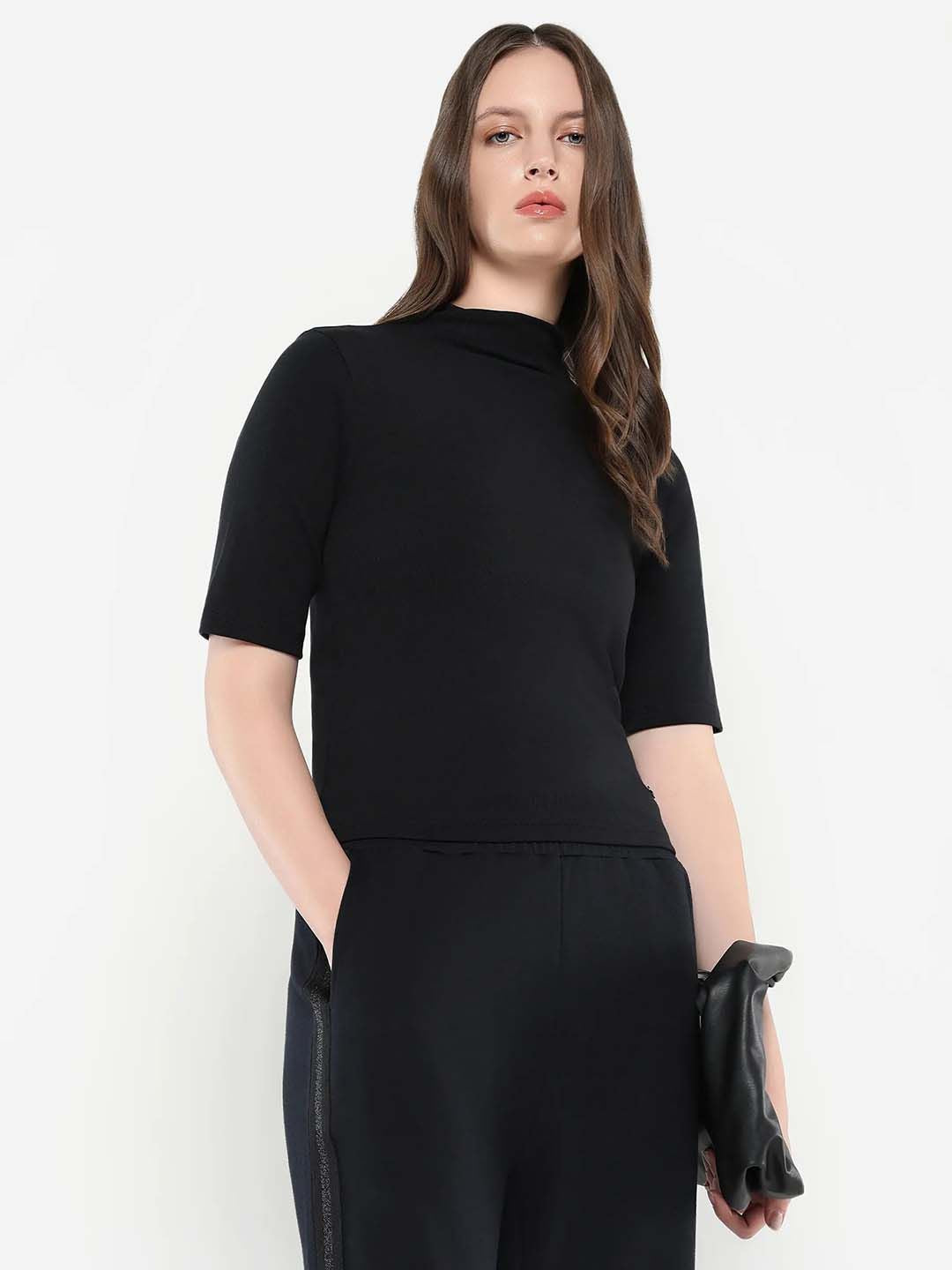 RAREISM Women Solid High Neck Cotton Top