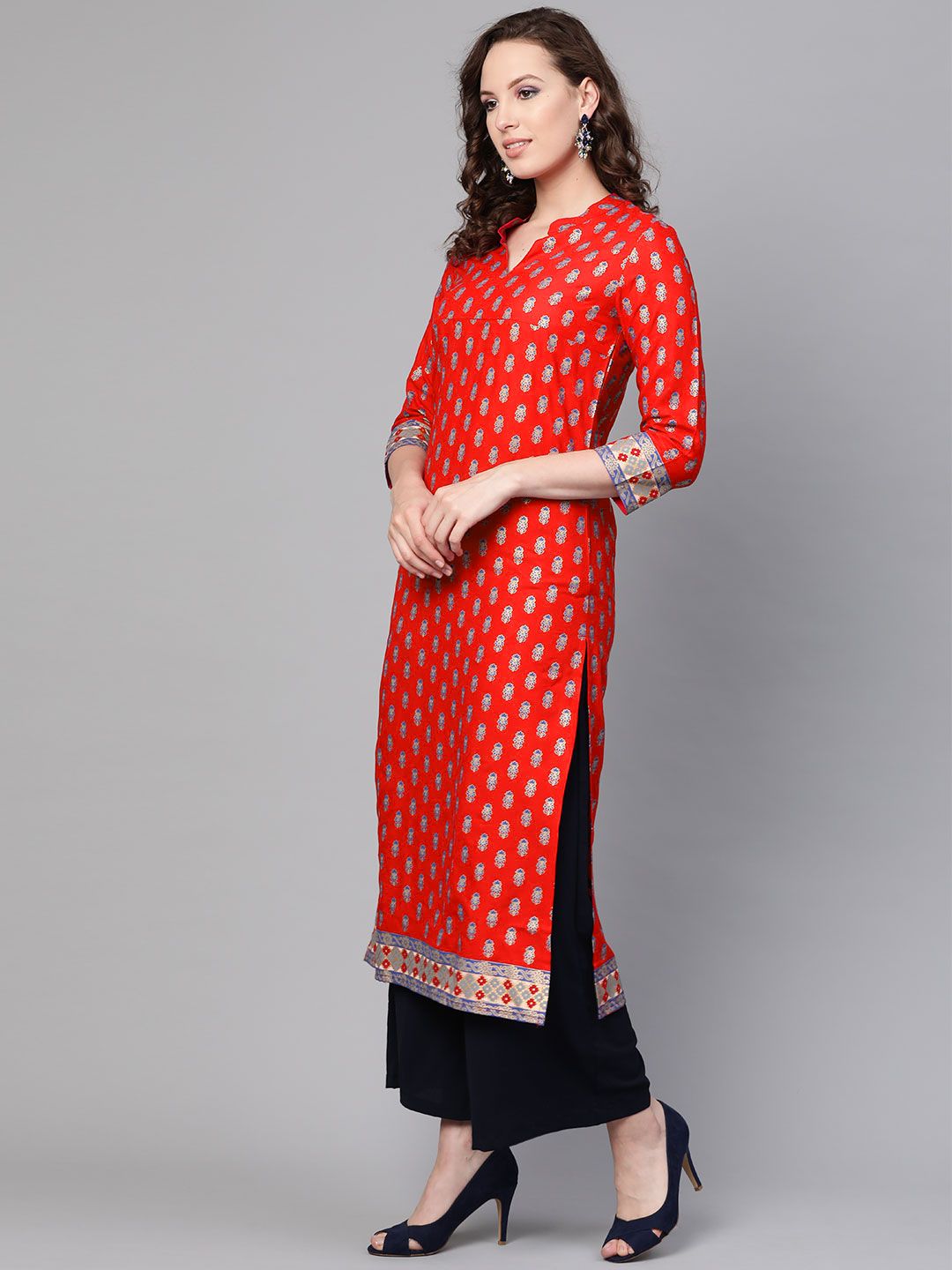 SOJANYA Wanita Merah & Biru Cetakan Kerajang Kurta Lurus