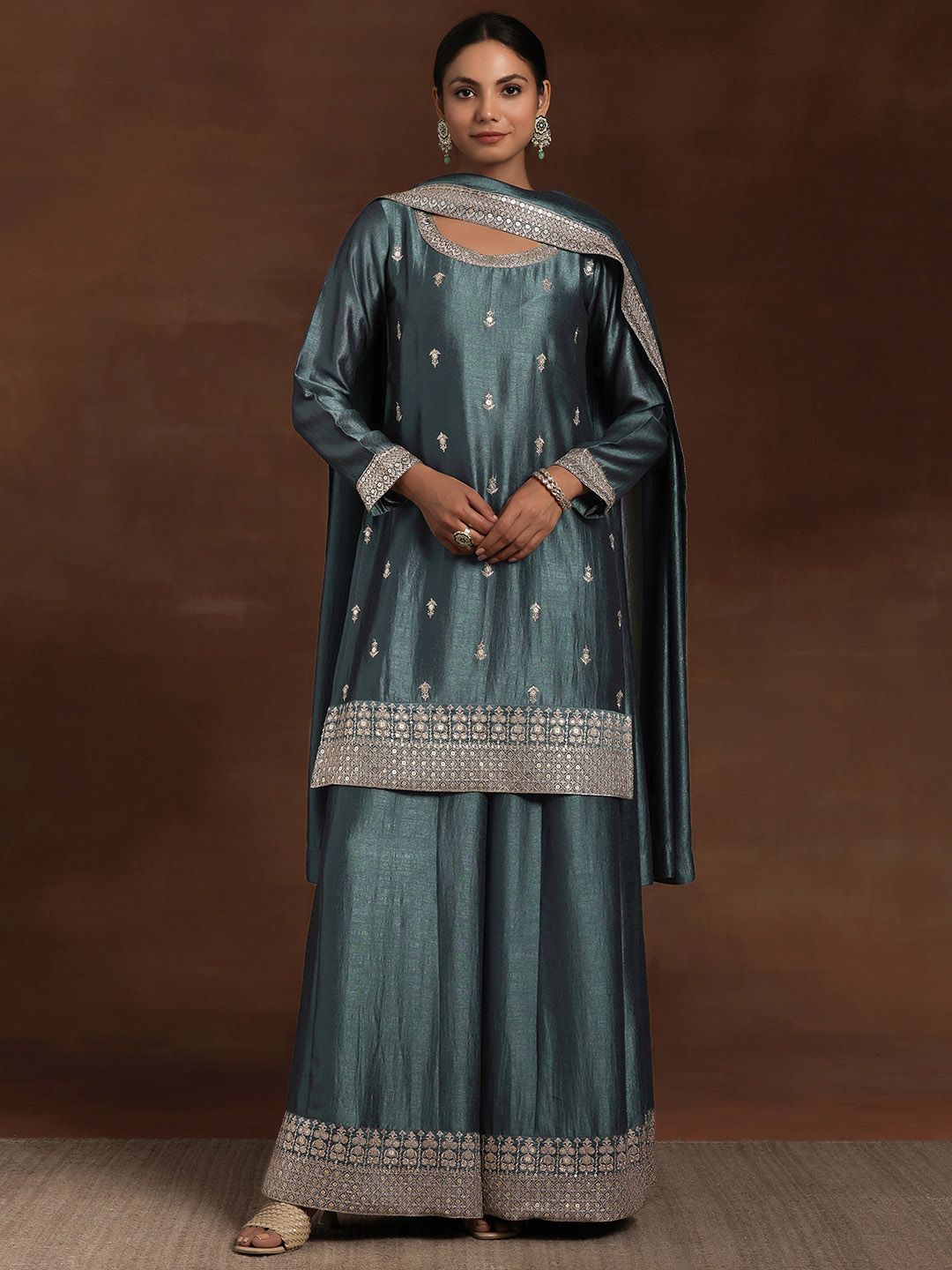 Libas Floral Embroidered Zari Kurta with Palazzos & With Dupatta