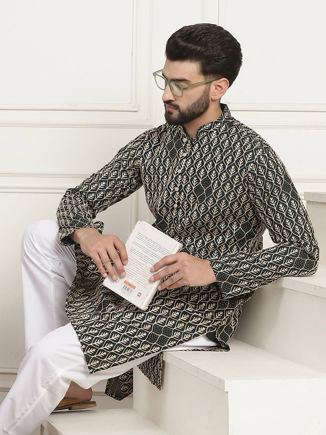 SOJANYA Kolar Mandarin Sulam Bunga Pure Cotton Kurta Lurus