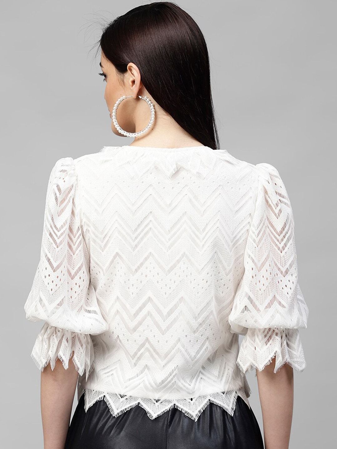 Athena White Tie-Up Neck Puff Sleeves Lace Top
