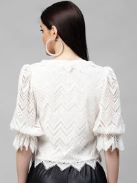 Athena White Tie-Up Neck Puff Sleeves Lace Top