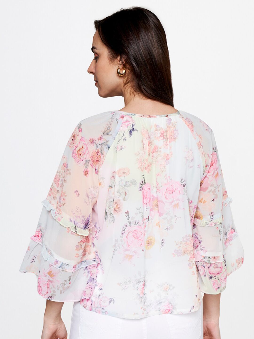 AND Floral Printed Tie-Up Neck Bell Sleeves Top