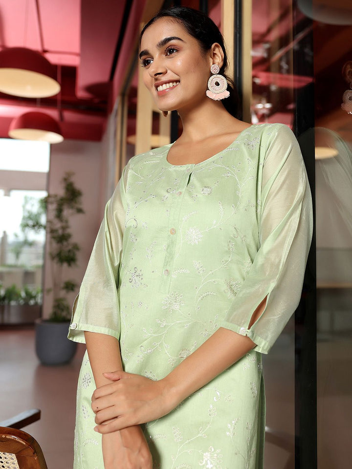 Libas Round Neck Thread Work Chanderi Silk Straight Kurta