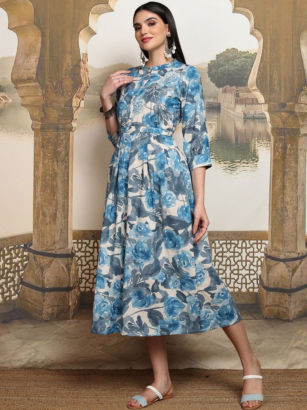 Vishudh Floral Print A-Line Midi Dress