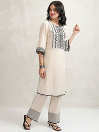Vishudh Beige Floral Yoke Design Thread Work Regular Pure Cotton Kurta with Trouser