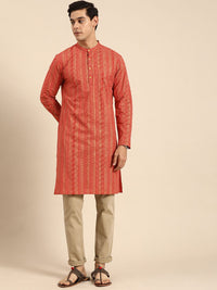 Anouk Men Orange & Gold-Toned Ethnic Motifs Printed Pure Cotton Kurta