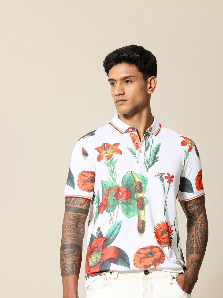 Mr Bowerbird Floral Printed Polo Collar Tailored Fit Pure Cotton T-shirt