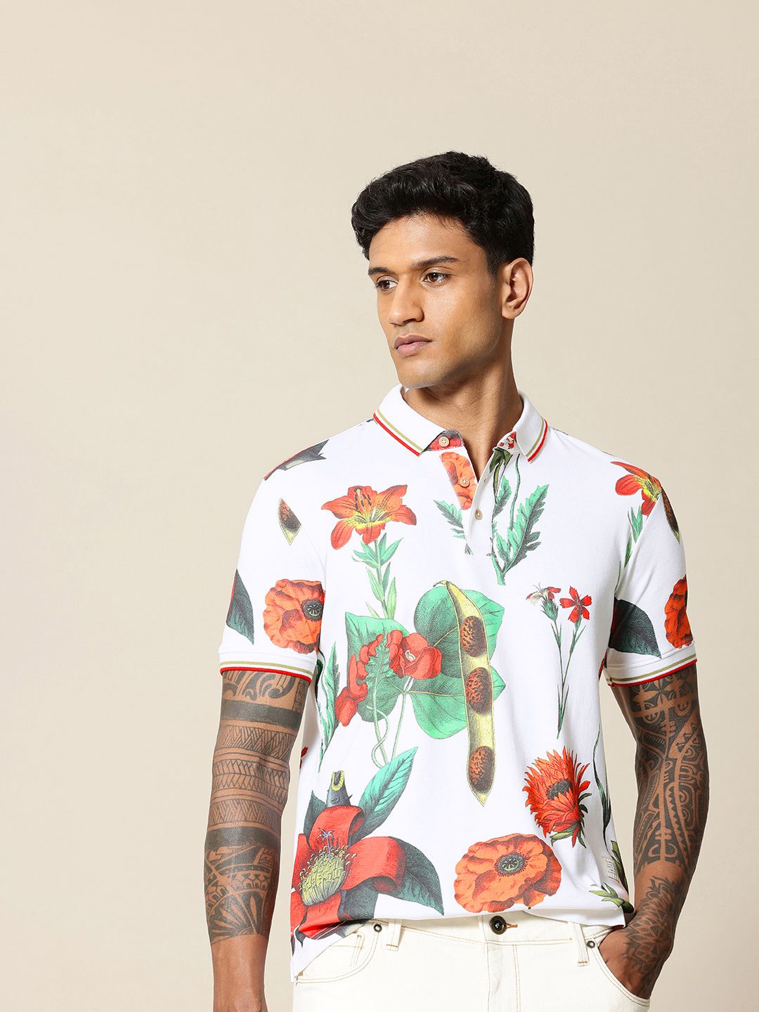 Mr Bowerbird Floral Printed Polo Collar Tailored Fit Pure Cotton T-shirt