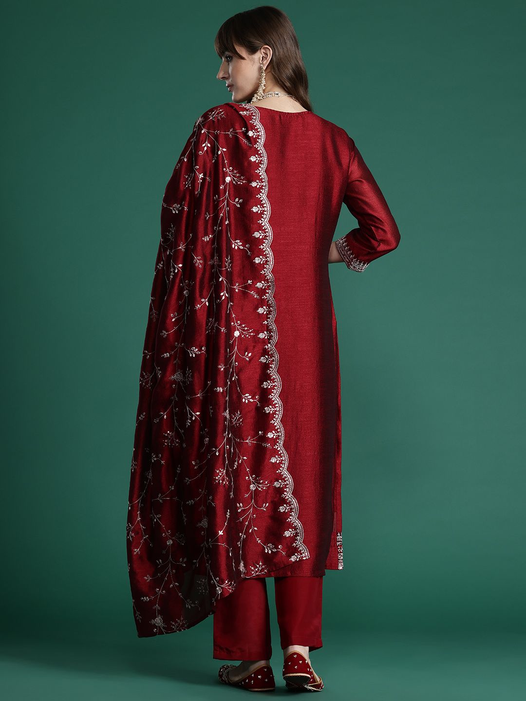 Indo Era Floral Embroidered Sequinned Kurta with Trousers & With Dupatta