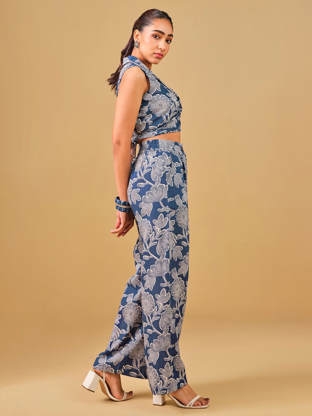 Global Desi Printed Lapel Collar Top & Palazzos