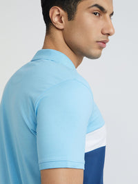 Park Avenue Men Blue & White Colourblocked Polo Collar Slim Fit T-shirt