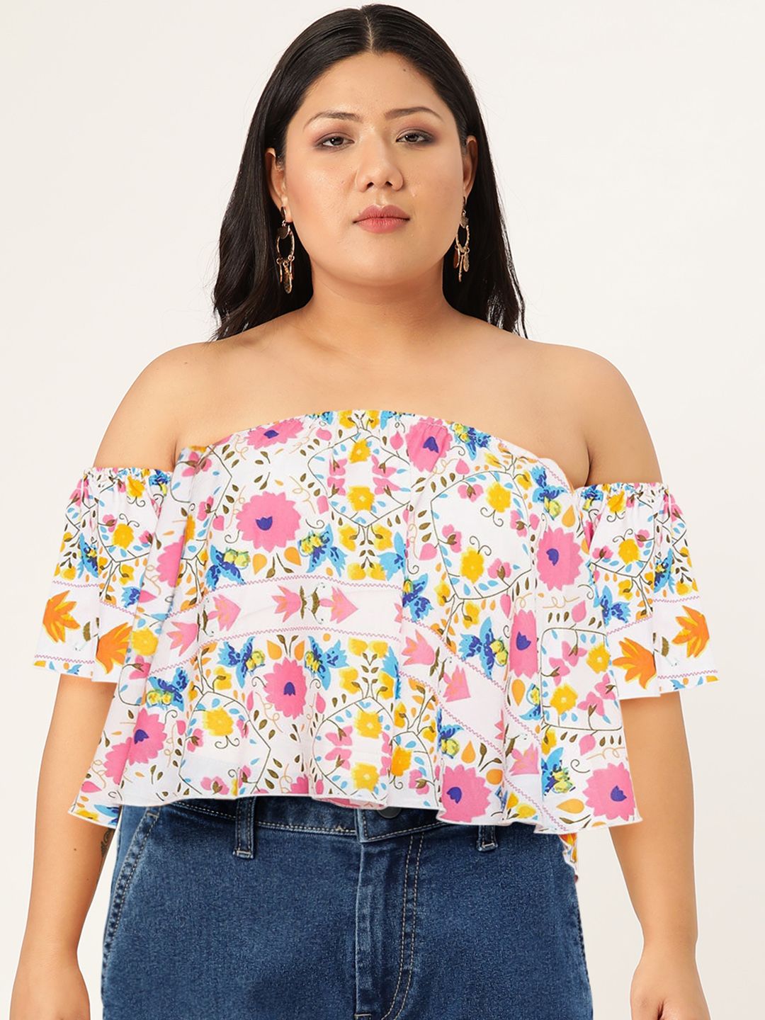 Berrylush White & Pink Floral Off-Shoulder Crepe Bardot Crop Top