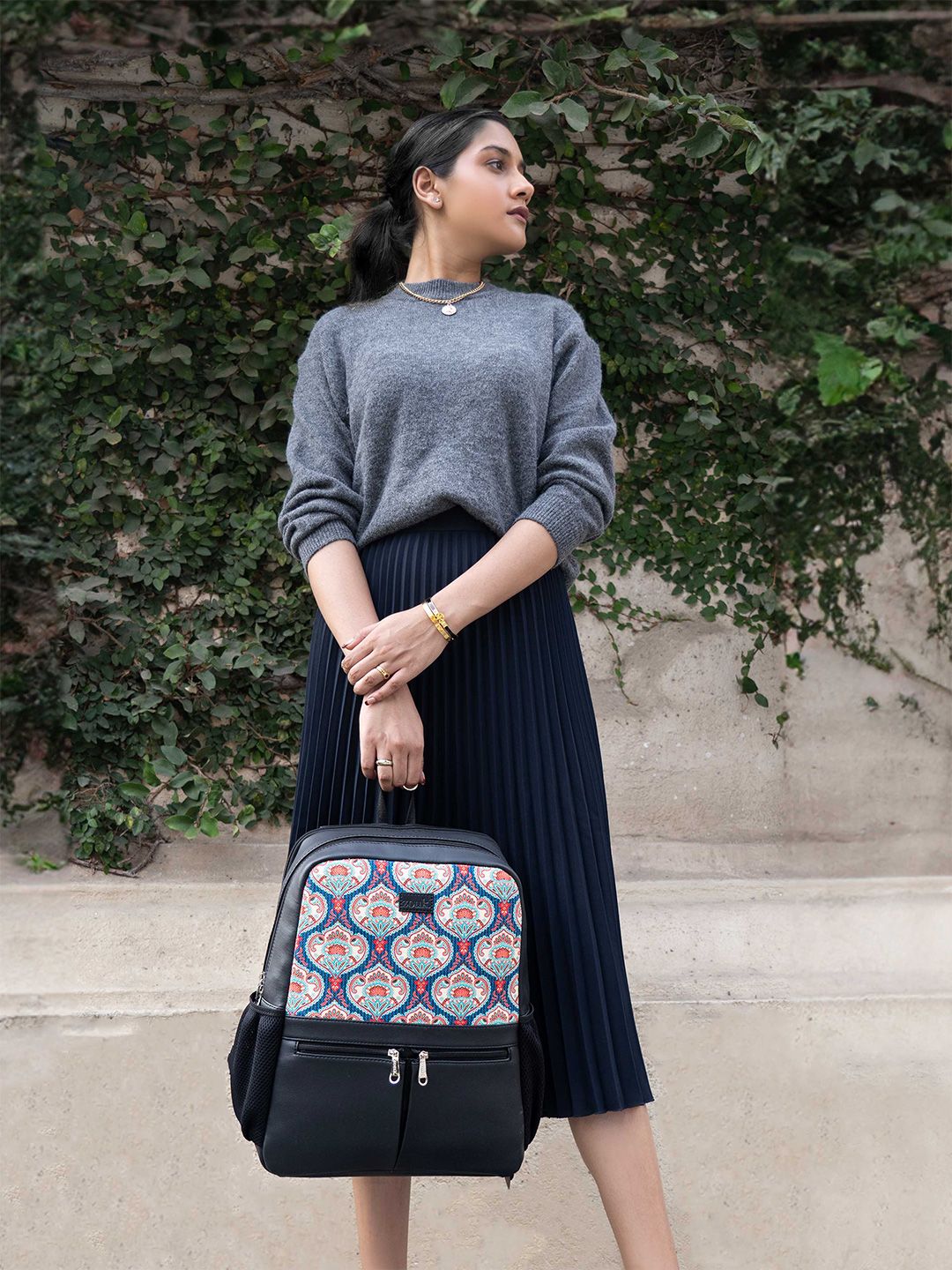 ZOUK Women Ethnic Printed Vegan Leather Backpack With Compression Straps-Up to 16 inch