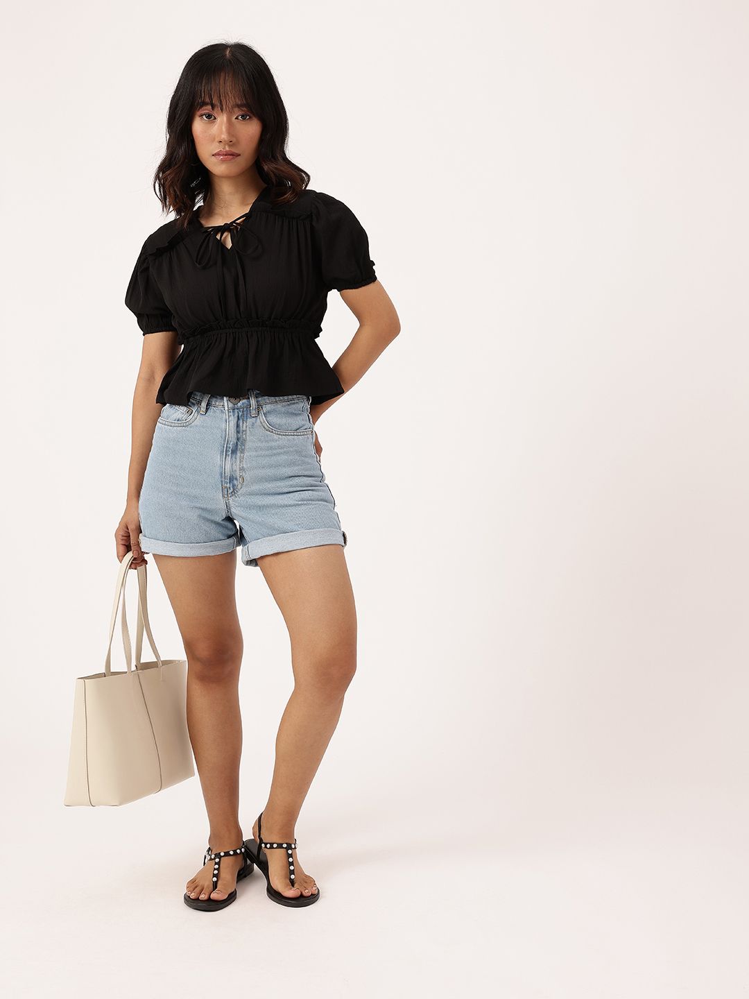 DressBerry Tie-Up Seersucker Ruched Peplum Crop Top