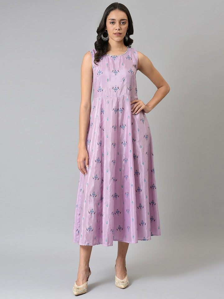 W Purple Women Floral Printed A-Line Midi Dress