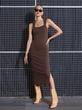 SASSAFRAS Brown Rib Side Slit Bodycon Midi Dress