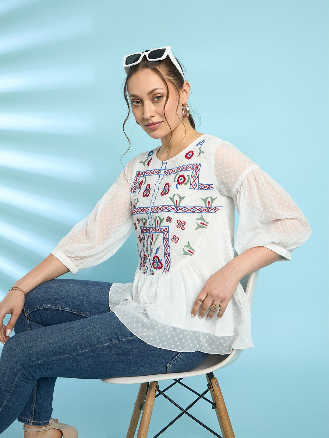Antheaa Embroidered Dobby Weave Chiffon Top