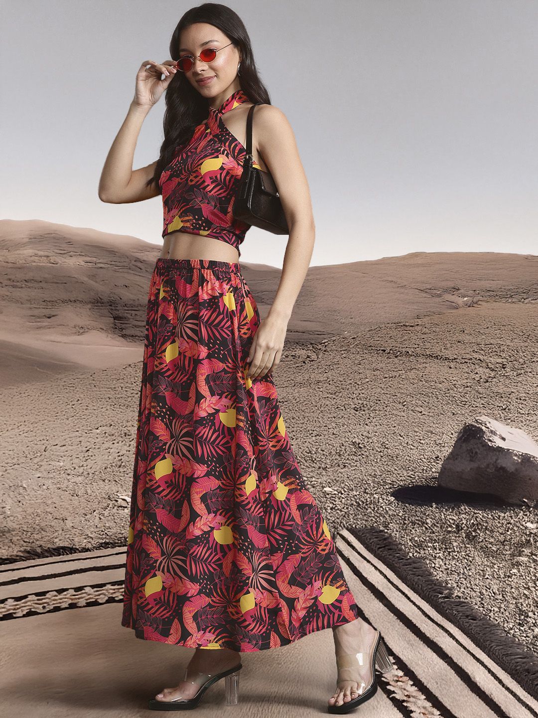 DressBerry Women Tropical Printed Smocked Top with Skirt Co-Ord Set