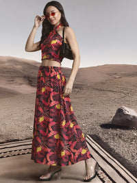 DressBerry Women Tropical Printed Smocked Top with Skirt Co-Ord Set