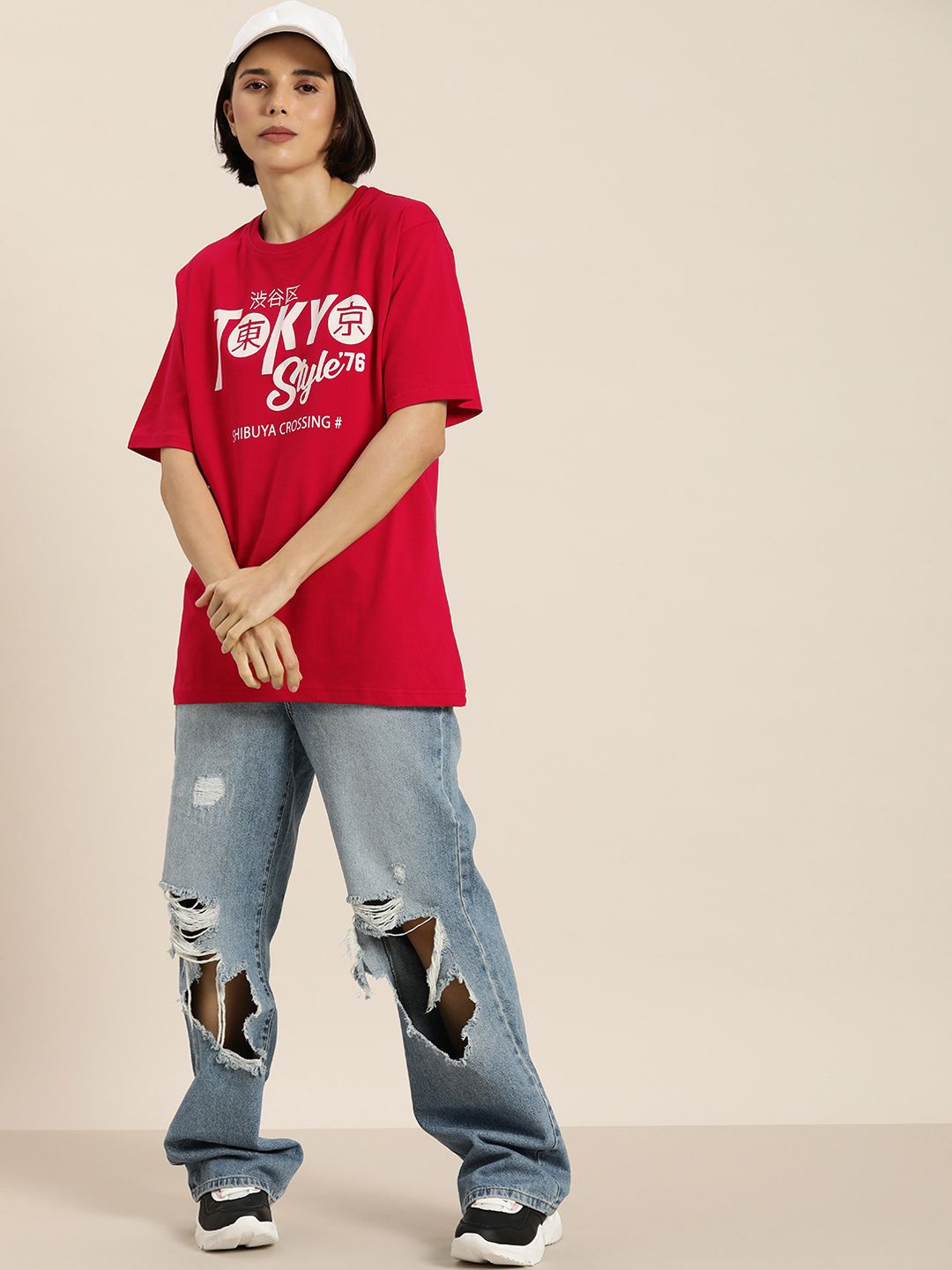 DILLINGER Women Red & White Typography Printed Pure Cotton Oversized T-shirt