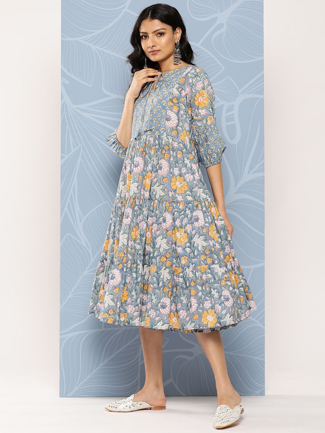 Libas Blue & Yellow Floral Print Tie-Up Neck Puff Sleeve Fit & Flare Midi Dress
