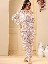 SANSKRUTIHOMES Off White & Pink Ethnic Motifs Printed Pure Cotton Night Suit