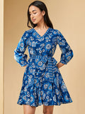 Global Desi Floral Printed Cuffed Sleeves Gathered Cotton Fit & Flare Ethnic Dress