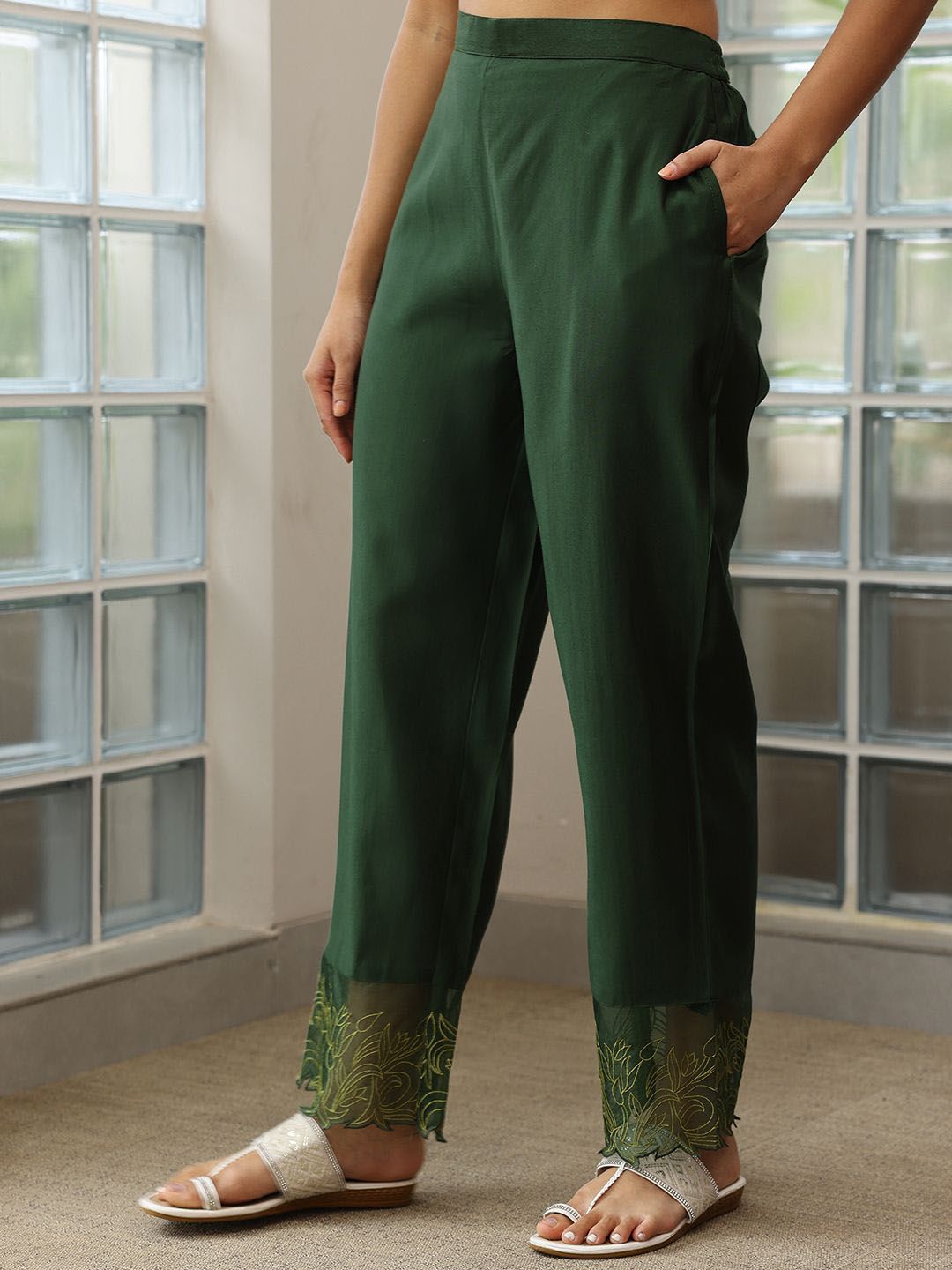 Libas Floral Yoke Design Panelled Beads and Stones Straight Kurta with Trousers & Dupatta