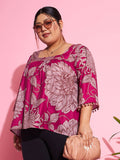 SASSAFRAS Curve Plus Size Magenta Floral Printed Square Neck Top