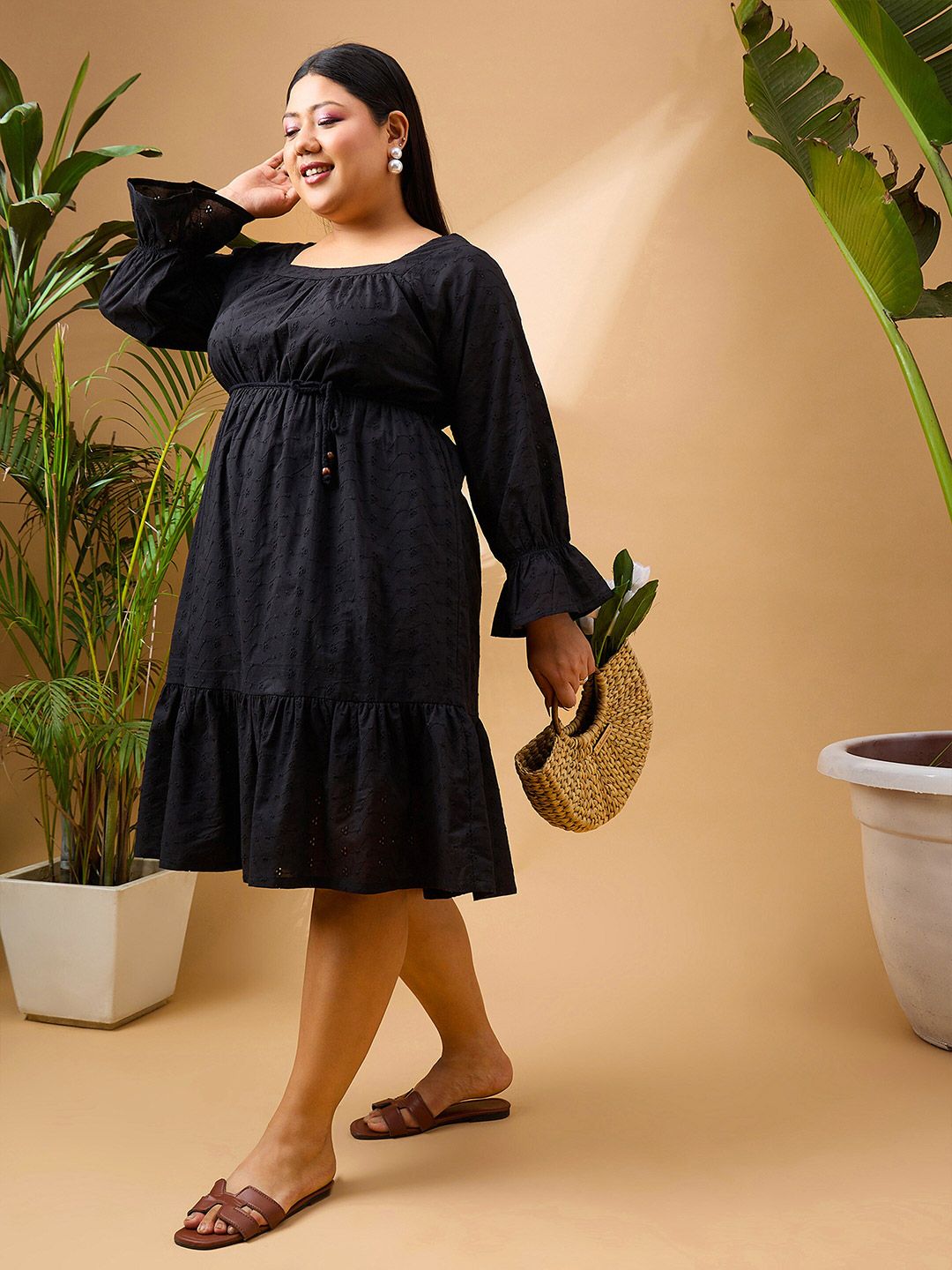 SASSAFRAS Curve Plus Size Self Design Schiffli Pure Cotton Fit and Flare Midi Dress