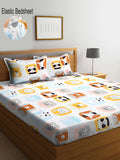 KLOTTHE White & Yellow Graphic 300 TC Fitted Double King Bedsheet with 2 Pillow Cover