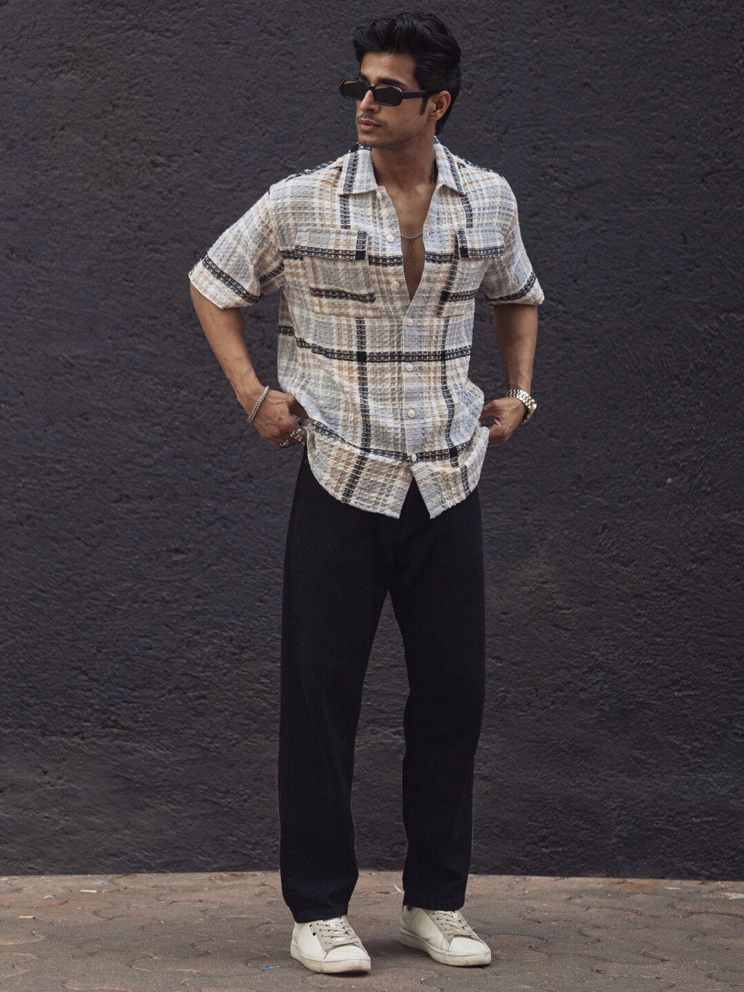 Powerlook Black India Slim Cotton Checked Casual Oversized Shirt