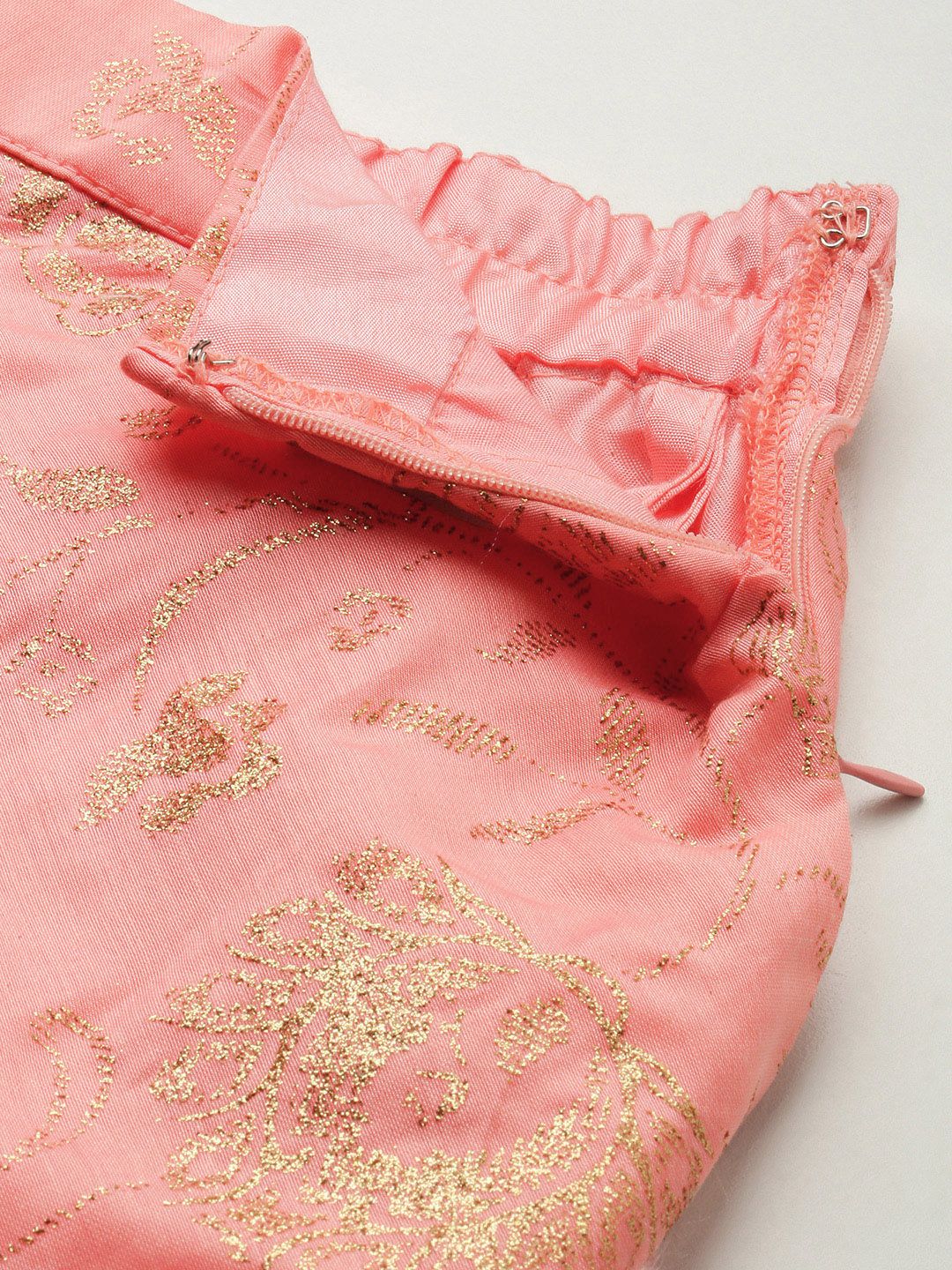 Global Desi Women Peach Pink & Gold-toned Embellished Paneled Flared Maxi Skirt