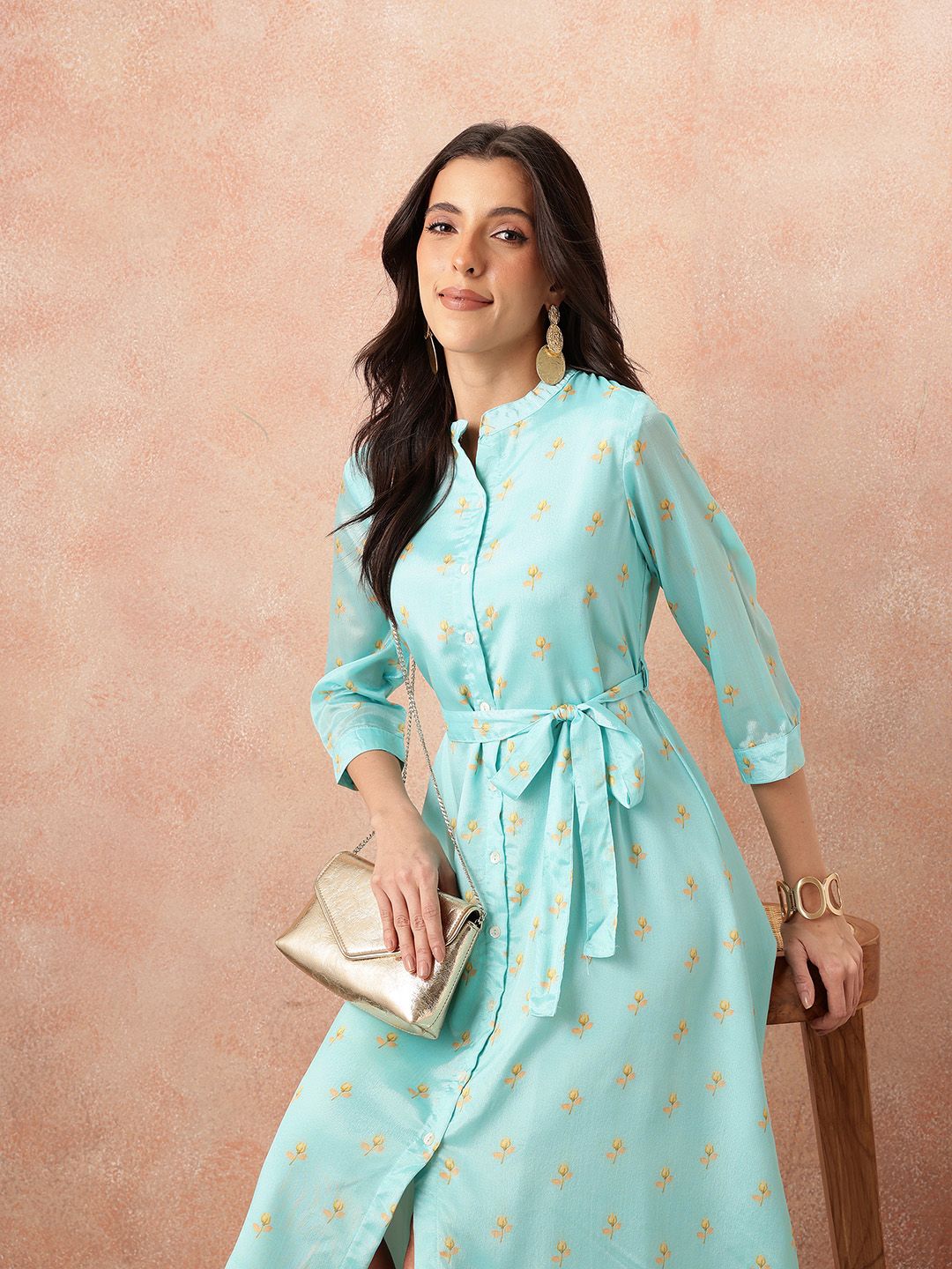 all about you Printed Belted Satin Finish Ethnic Shirt Midi Dress