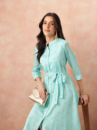all about you Printed Belted Satin Finish Ethnic Shirt Midi Dress