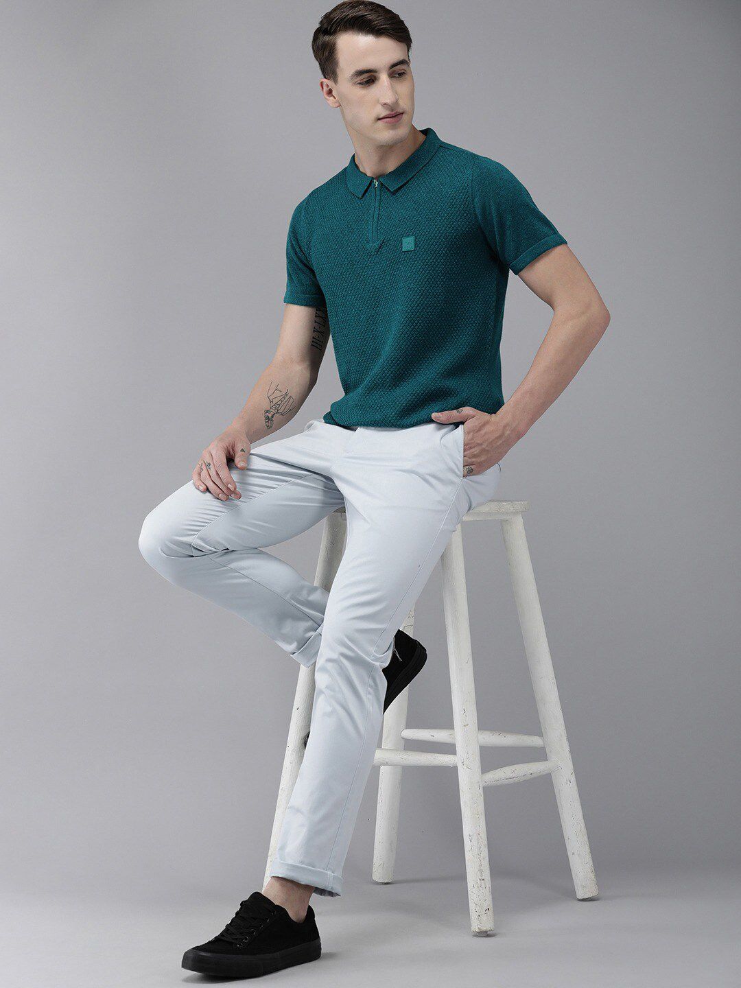 THE BEAR HOUSE Self Design Polo Collar Slim Fit T-shirt