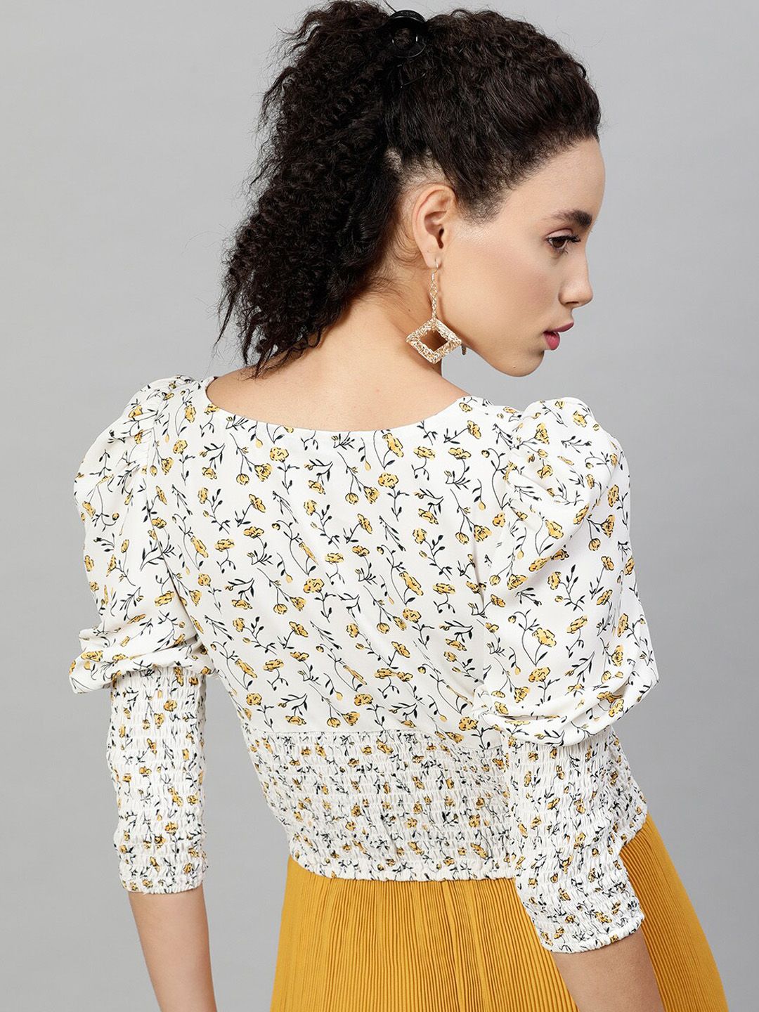 STREET 9 White Floral Printed Sweetheart Neck Puff Sleeves Crepe Blouson Top